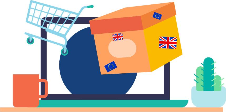 Laptop with a parcel decorated with UK and EU flags